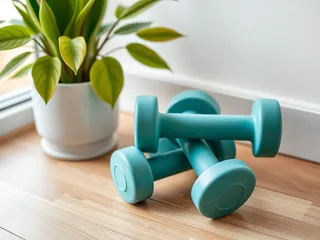 Teal dumbbells beside a potted plant