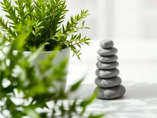 Stacked grey zen stones beside a plant