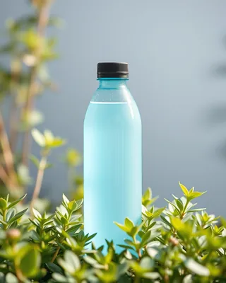 A clear blue water bottle among plants