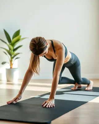 A woman in a yoga pose on a mat at home