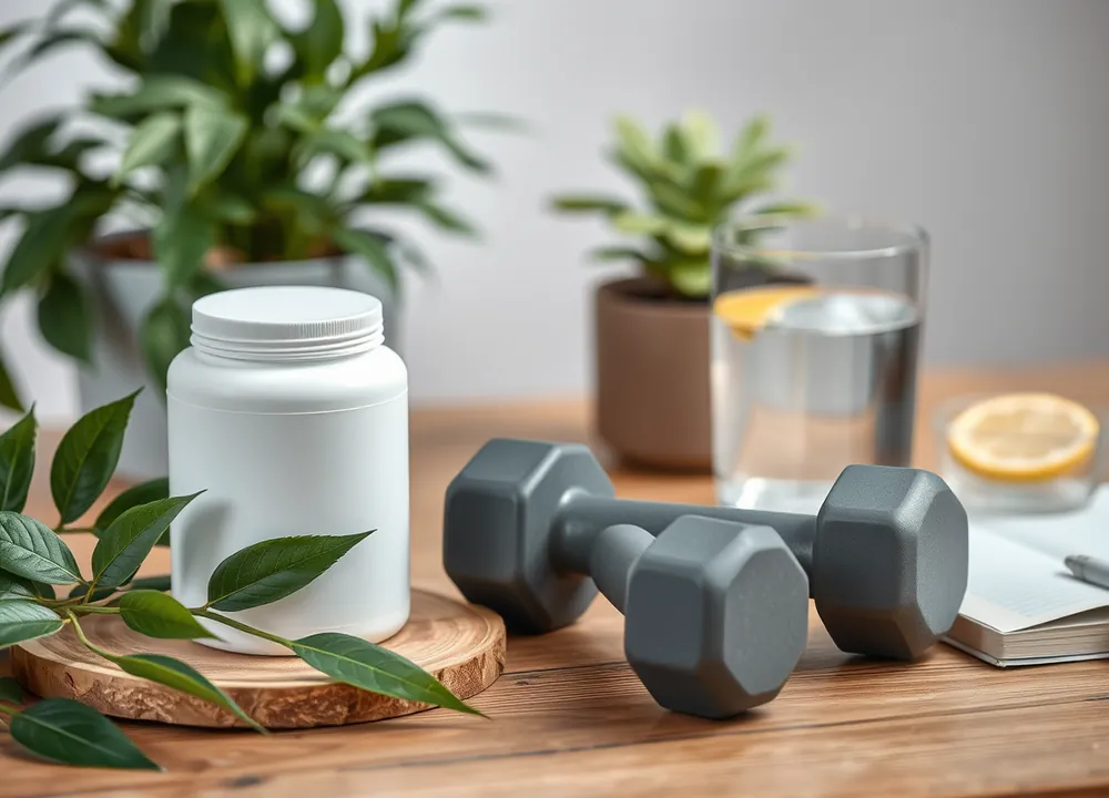 A plain supplement jar beside dumbbells, fresh leaves, a glass of lemon water and a notebook on a wooden table