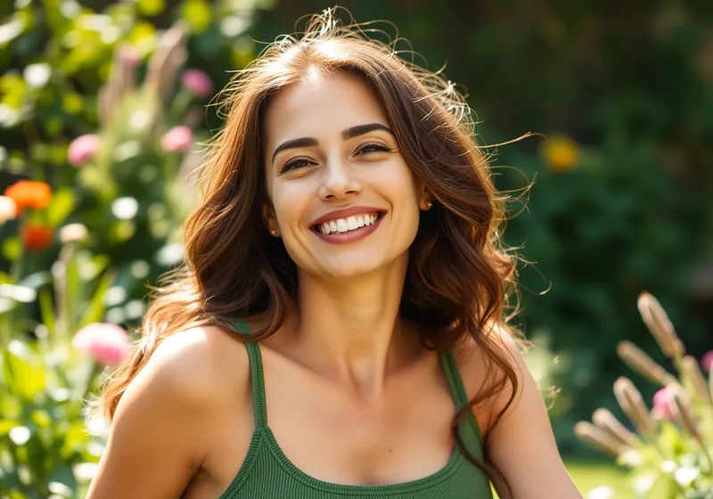 A smiling woman relaxing in a lush, sunlit garden