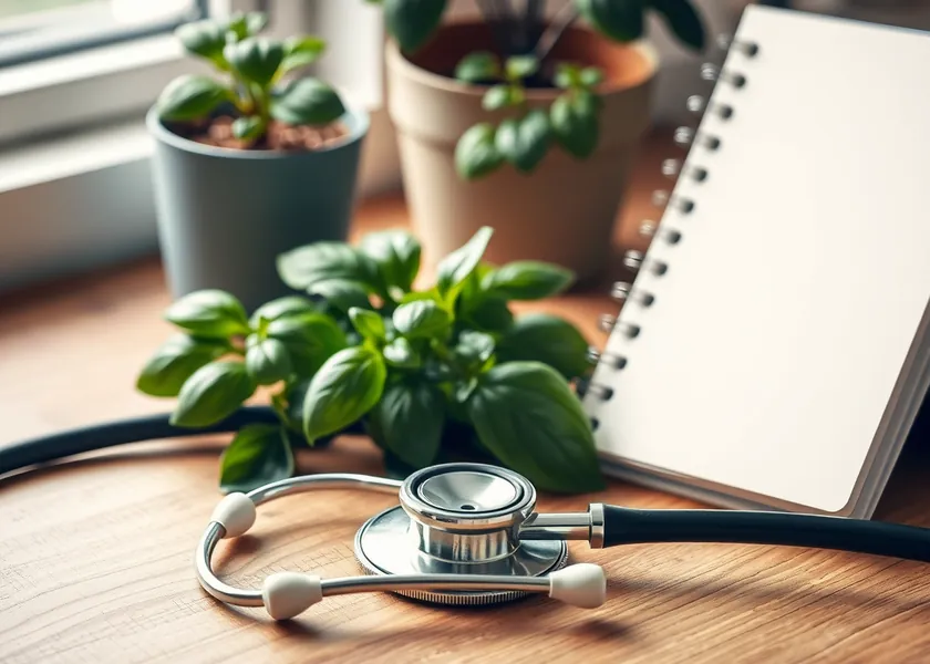 A stethoscope, fresh basil and an open notebook on a wooden desk