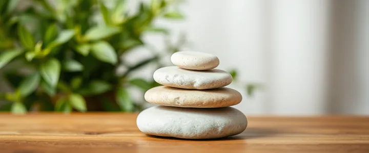 Three smooth stones stacked on a wooden table among plants