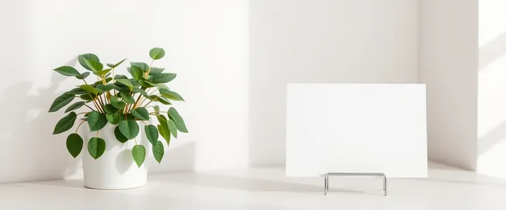 A potted plant beside a blank card on a bright desk
