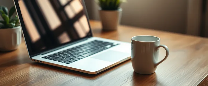 A white mug beside an open laptop on a wooden desk