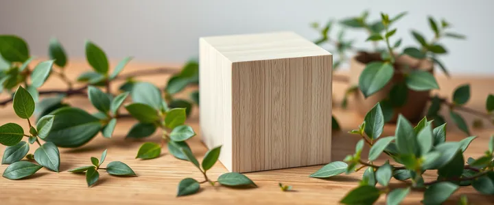 A wooden block surrounded by green leaves on a table