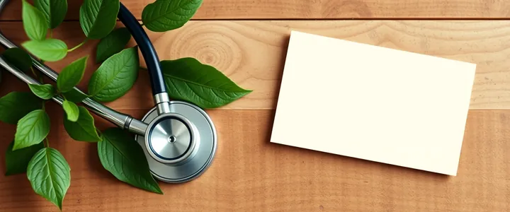 A stethoscope and green leaves next to a blank note card