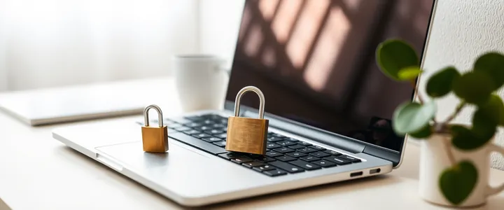 A padlock resting on a laptop keyboard beside a plant