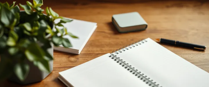 An open notebook and pen beside a potted plant on a wooden desk